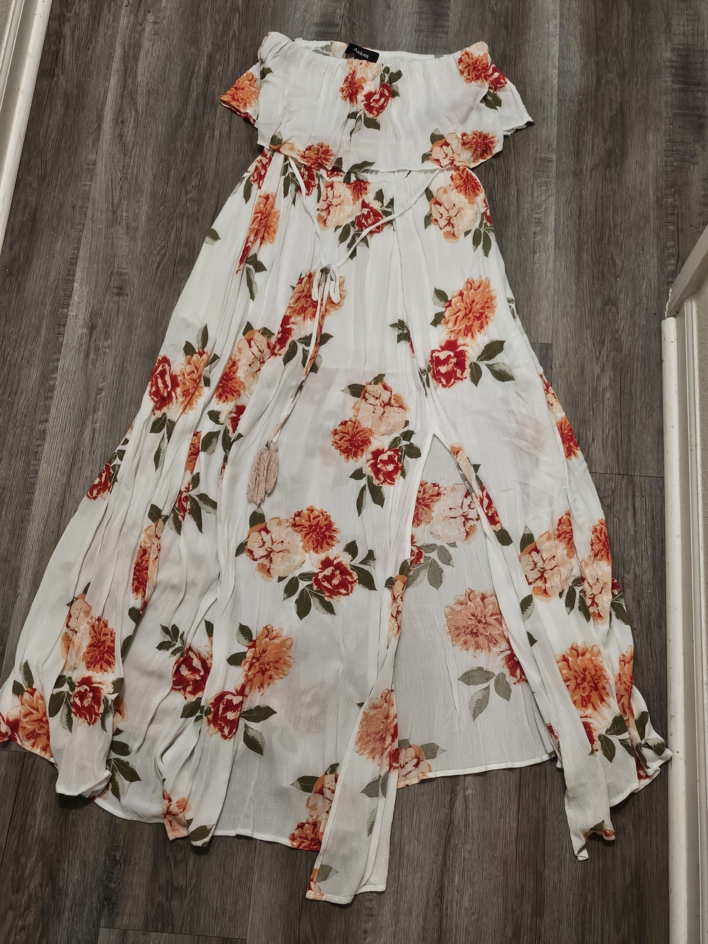Aakaa White Off-Shoulder Maxi Dress with Orange Floral